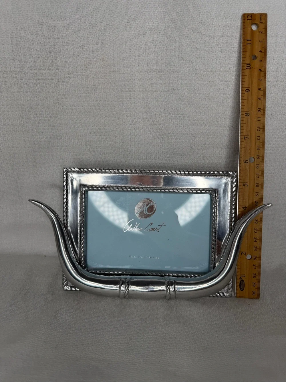 Arthur Court Longhorn Silver-tone Desk 4x6”Photo Frame Ranch Western Accent